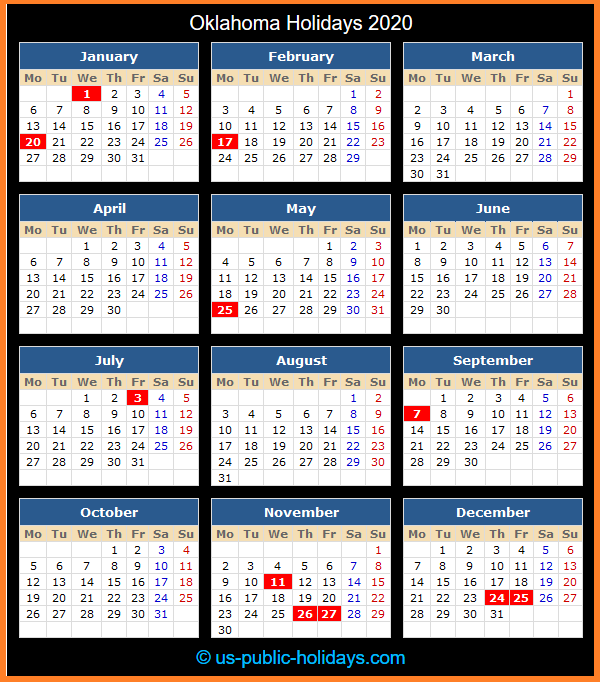 Oklahoma Holiday Calendar 2020